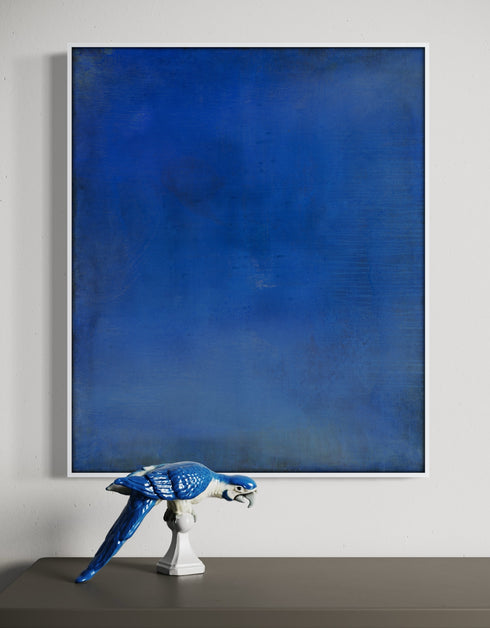 Abstract painting with opulent royal blue and gold tones, featuring an abstracted gilded silhouette, evoking Old World majesty and modern abstraction.